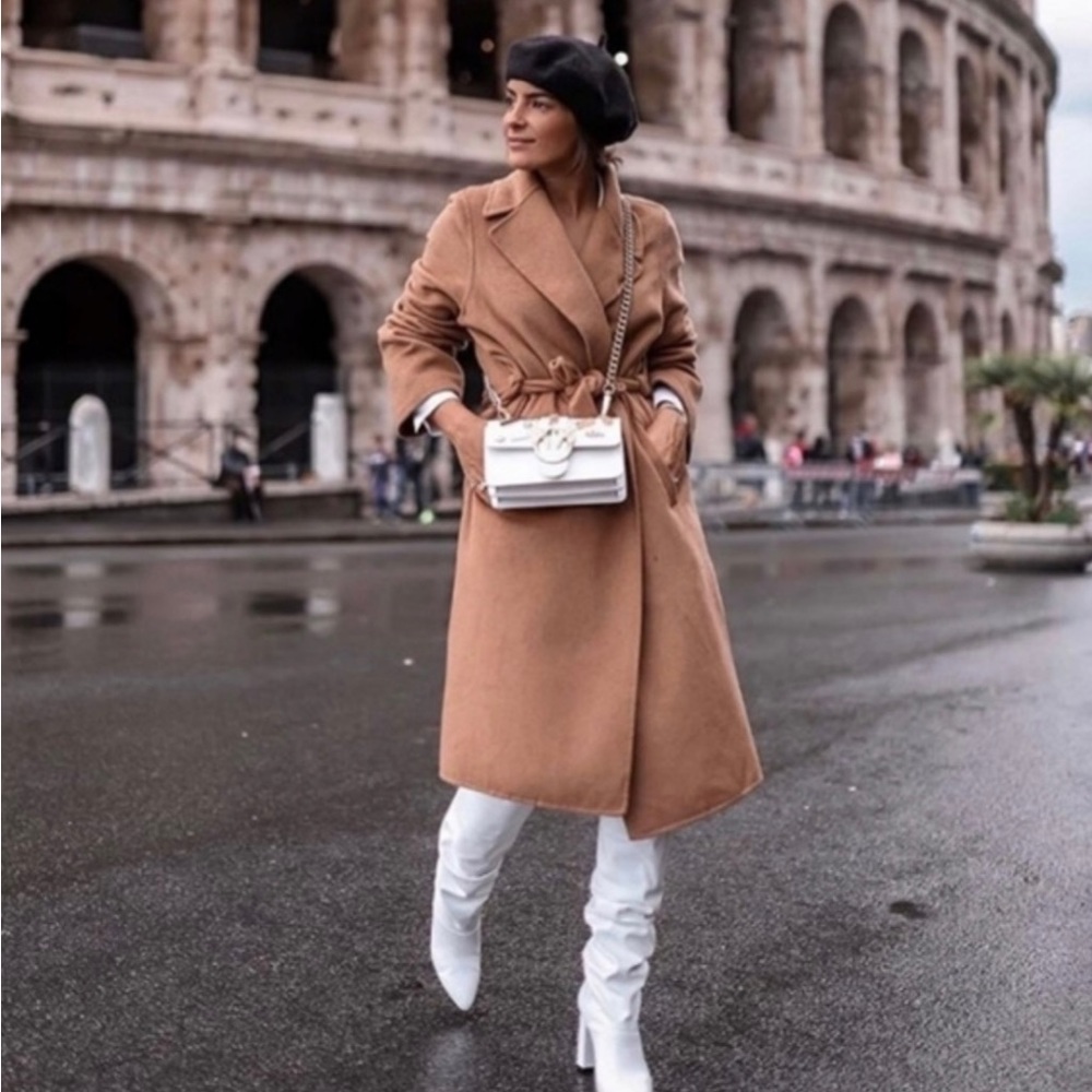Zara coat wool blend oversized long camel belted rope trench coat - Picture 6 of 7